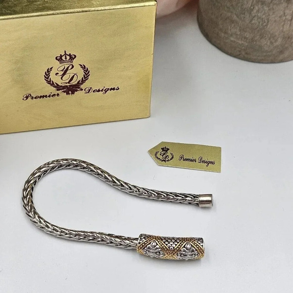 Premier Designs Vintage Silver Braided Chain Bracelet Mixed Metal Charm Magnetic - Picture 3 of 3